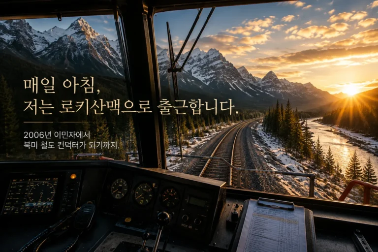 로키산맥 철길을 바라보는 열차 운전실과 일출