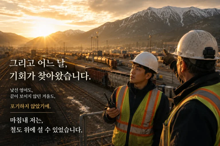 산악 철도 차량기지에서 대화하는 두 근로자