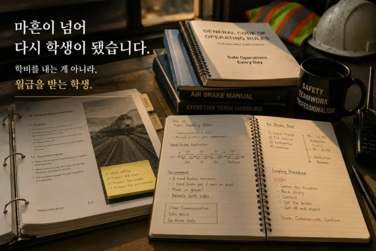 철도 교육 교재와 필기 노트가 펼쳐진 작업 책상