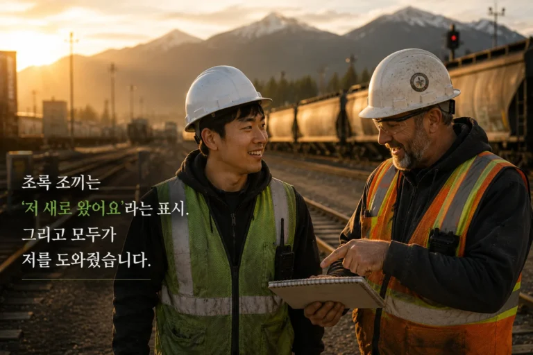 차량기지에서 신입에게 설명하는 선배 철도 근로자
