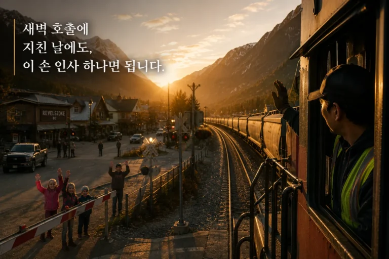 산악 마을을 지나며 주민에게 인사하는 철도 근로자