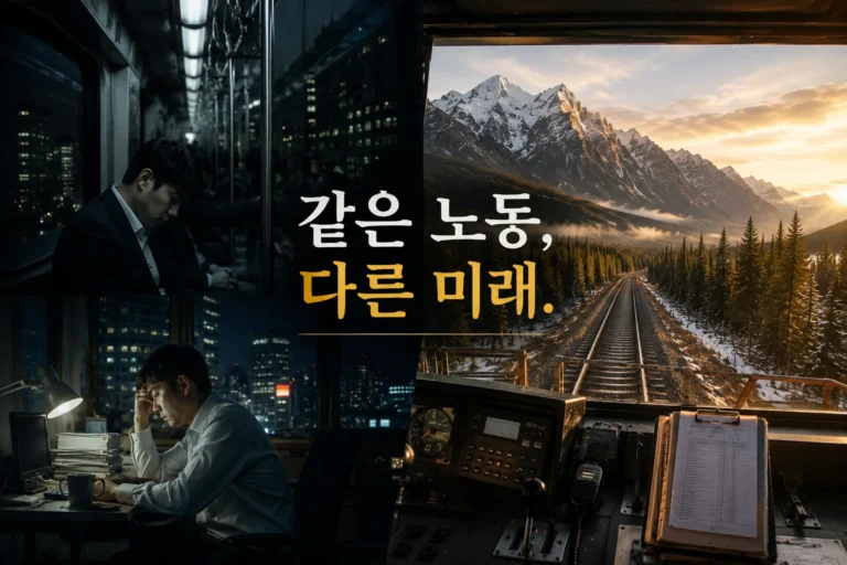 야간 사무실 근무와 캐나다 산악 철도 운전실을 대비한 장면