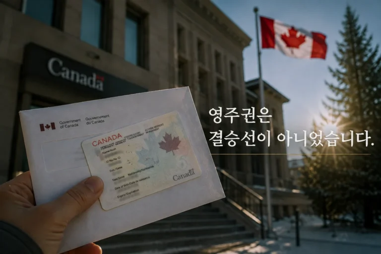 캐나다 국기 앞에서 영주권 카드를 들고 있는 사람