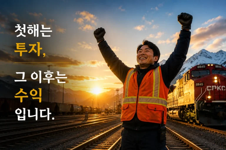 석양의 철도 차량기지에서 두 팔을 든 근로자