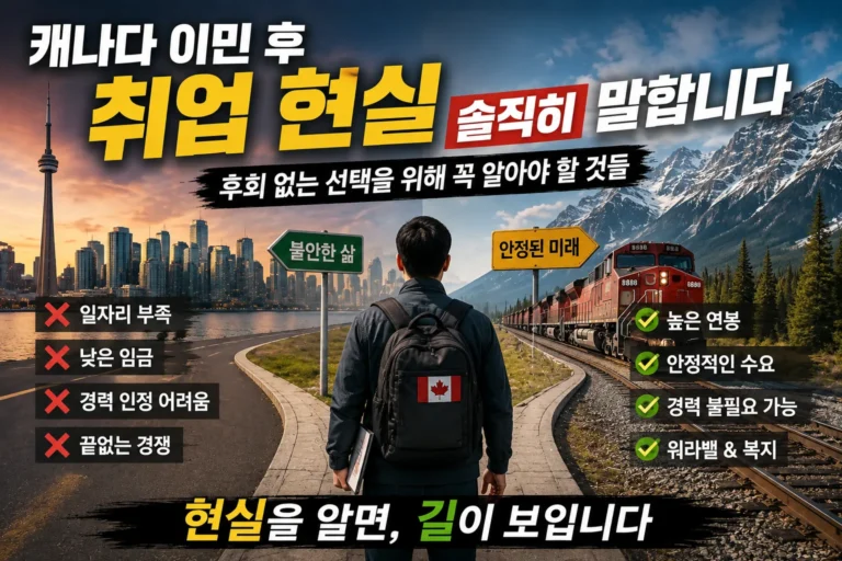 캐나다 이민 후 취업 현실과 북미 철도 취업이라는 새로운 선택지를 비교하는 이미지
