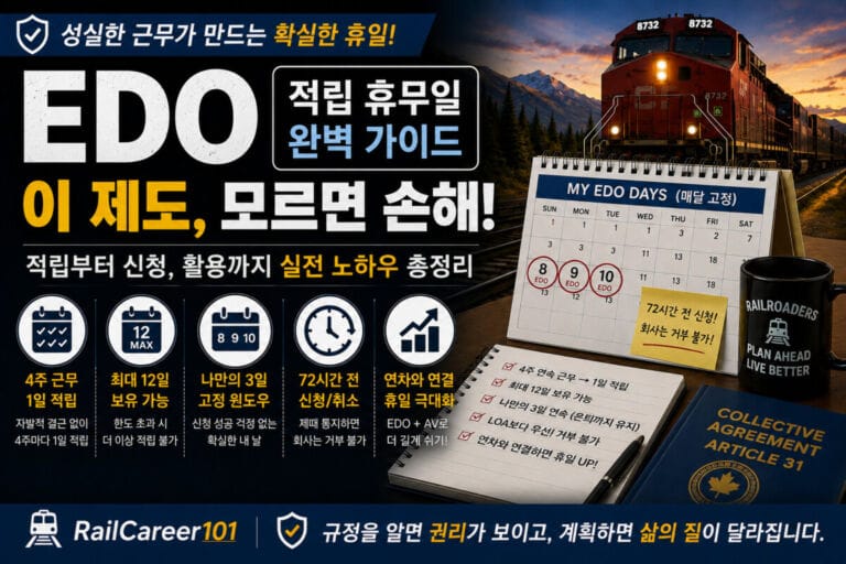 캐나다 철도 EDO 적립 휴무일 제도와 4주 근무 적립, 최대 12일, 72시간 전 신청 규정을 설명하는 가이드