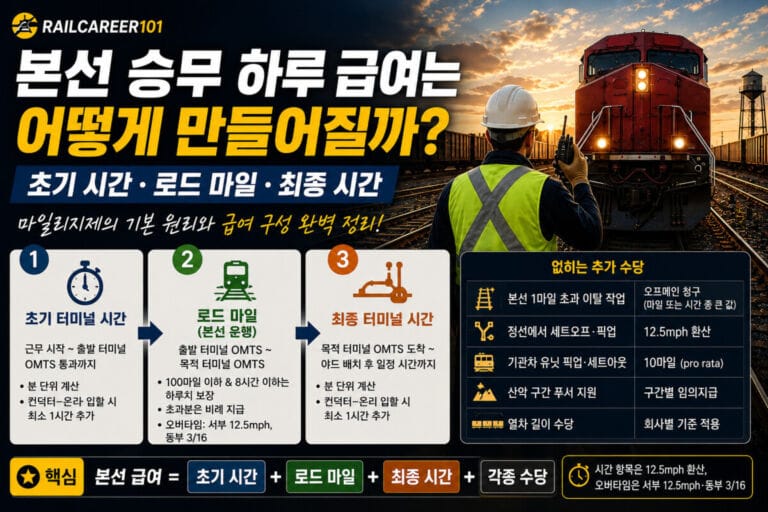 북미 화물철도 본선 승무원의 하루 급여가 초기 터미널 시간, 로드 마일, 최종 터미널 시간과 각종 수당으로 구성되는 방식을 설명하는 이미지