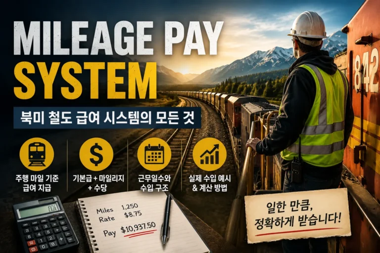북미 철도 마일리지 급여(Mileage Pay) 시스템을 설명하는 대표 이미지. 캐나다 화물열차와 철도 직원, 마일리지 기반 급여 계산 예시를 통해 컨덕터와 기관사의 급여 구조를 보여준다.