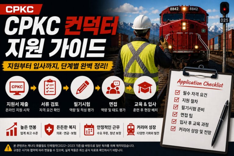 CPKC 컨덕터 지원 절차를 안내하는 썸네일. 철도 야드에서 기관차와 무전 중인 컨덕터를 배경으로 지원부터 입사까지의 과정을 보여주는 이미지.