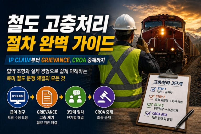 북미 철도 고충처리 절차를 IP Claim 급여 청구부터 Grievance 3단계와 CROA 중재까지 설명하는 RailCareer101 가이드 썸네일