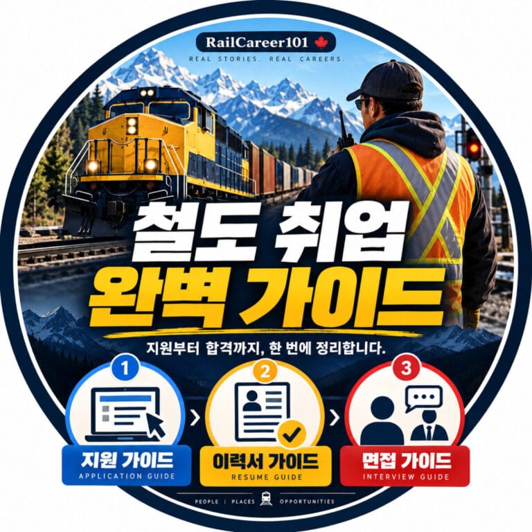 북미 철도 취업을 위한 지원 가이드, 이력서 가이드, 면접 가이드의 3단계 준비 과정을 보여주는 RailCareer101 철도 취업 완벽 가이드 이미지