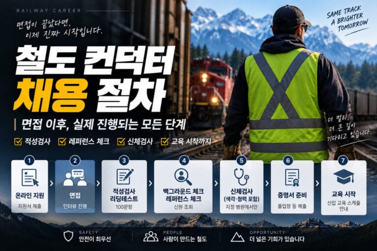 철도 컨덕터 면접 이후 적성검사, 레퍼런스 체크, 백그라운드 체크, 신체검사, 색각·청력검사, 증명서 제출과 신입 교육까지의 채용 절차를 보여주는 썸네일