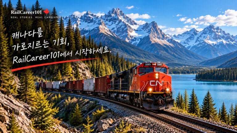캐나다 로키산맥을 달리는 CN 화물열차와 RailCareer101의 캐나다 철도 컨덕터 취업 가이드 대표 이미지