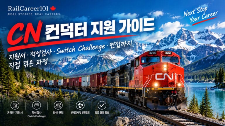 캐나다 로키산맥의 CN 화물열차와 철도 작업자를 배경으로 온라인 지원서, 적성검사, 면접, 신체검사 및 신원조회, 최종 결과 통보의 5단계 채용 과정을 소개하는 RailCareer101 썸네일